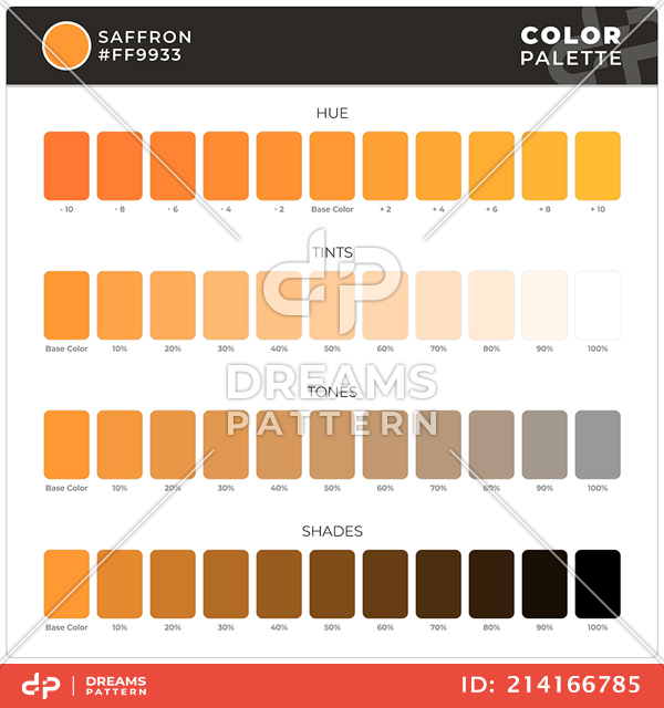 Saffron / Color Palette Ready for Textile. Hue, Tints, Tones and Shades Guide.
