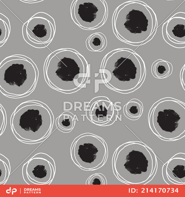 Seamless Pattern of Hand Drawn Circles with Paint Spots on Gray Background.