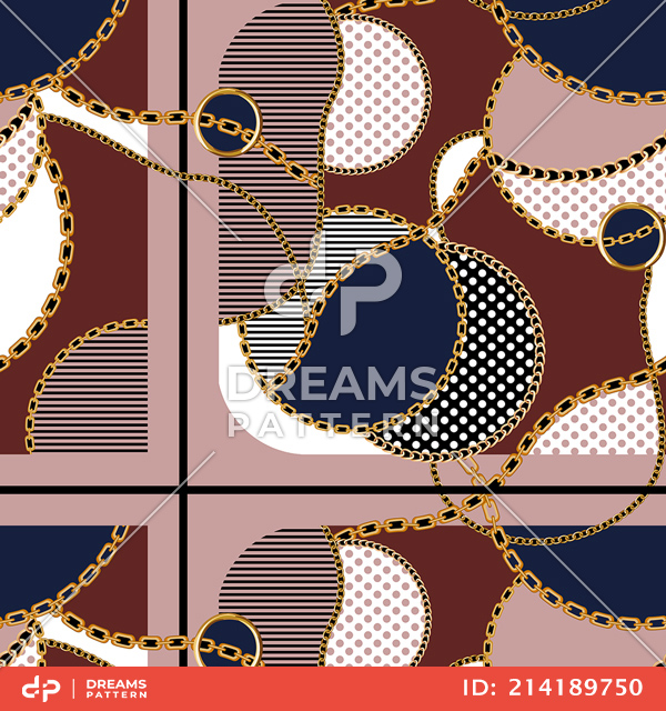 Seamless Colored Pattern with Golden Chains, Dots and Lines Patch for Textile Prints.