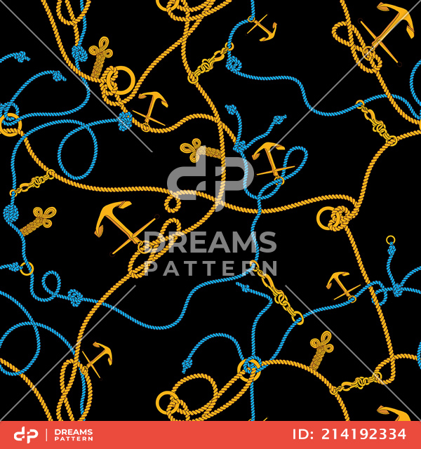 Seamless Marine Pattern with Golden Sea Anchors and Colored Ropes.