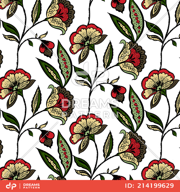 Seamless Hand Drawn Floral Pattern, Illustration Flowers on White Background.