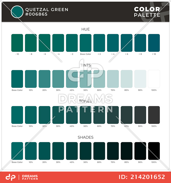 Quetzal Green / Color Palette Ready for Textile. Hue, Tints, Tones and Shades Guide.