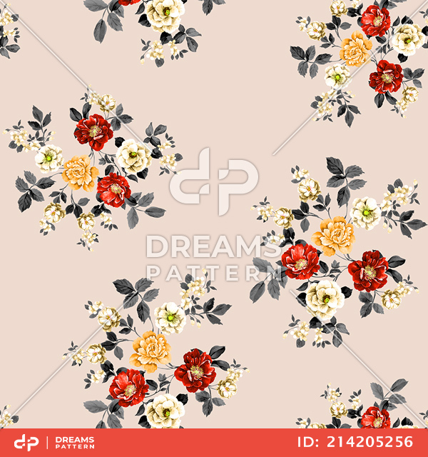 Seamless Pattern of Flowers and Leaves on Beige Background, Designed for Textile Prints.