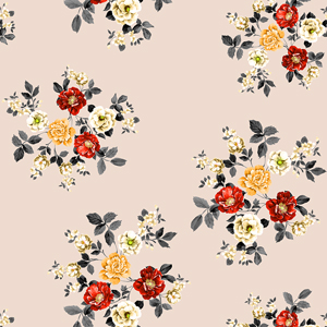 Seamless Pattern of Flowers and Leaves on Beige Background, Designed for Textile Prints.