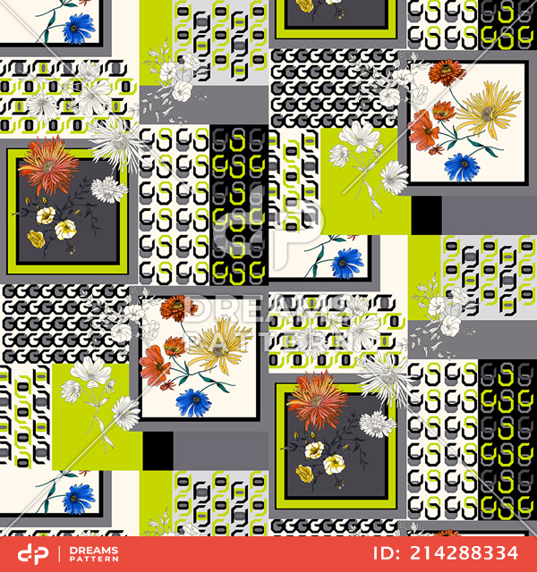 Seamless Modern Patchwork Pattern with Flowers and Lines. Ethnic Indian Style.