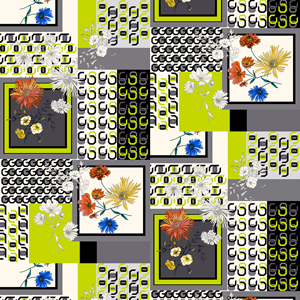 Seamless Modern Patchwork Pattern with Flowers and Lines. Ethnic Indian Style.