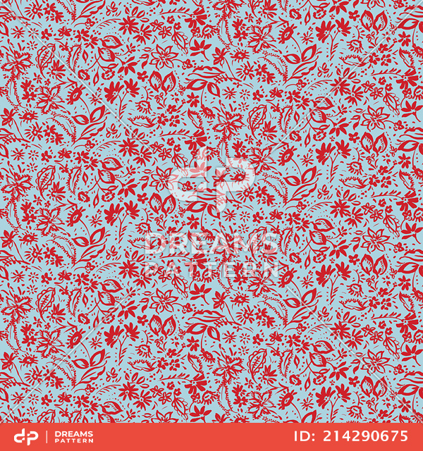 Seamless Hand Drawn Mini Flowers. Repeating Pattern on Light Blue Background.