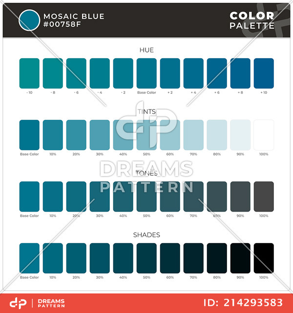 Mosaic Blue / Color Palette Ready for Textile. Hue, Tints, Tones and Shades Guide.