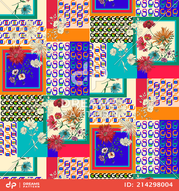 Seamless Modern Patchwork Pattern with Flowers and Lines. Ethnic Indian Style.