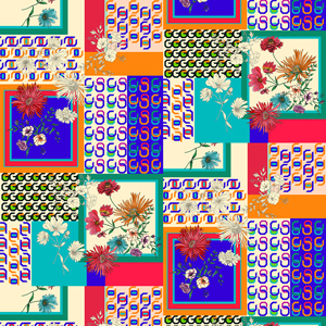 Seamless Modern Patchwork Pattern with Flowers and Lines. Ethnic Indian Style.