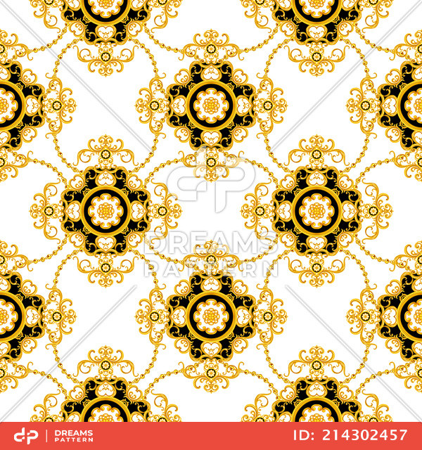 Seamless Luxury Fashional Pattern of Golden Chains and Baroque on White Background.