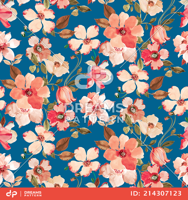 Seamless Hand Drawn Floral Design, Beautiful Flowers on Blue Background.