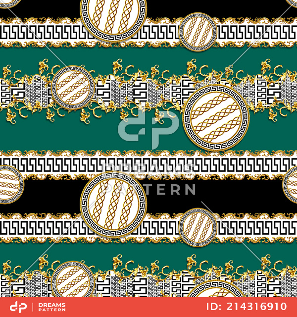 Seamless Pattern of Golden Baroque with Versace on Dark Green Background.