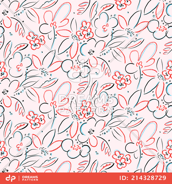 Seamless Hand Drawn Floral Pattern. Colored Outline Design Ready for Textile Prints.