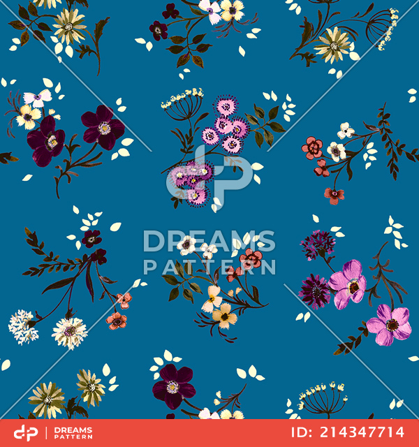 Seamless Floral Pattern with Leaves on Blue Background Ready for Textile Prints.