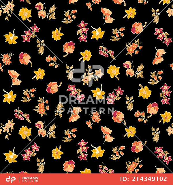 Seamless Pattern with Colored Flowers on Black Background for Textile or Fabric Prints.