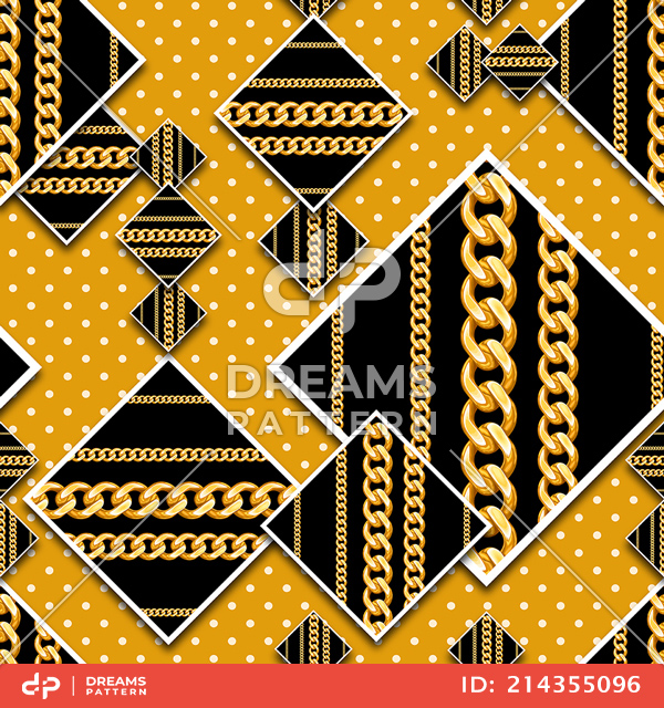 Seamless Patchwork Pattern, Squares with Golden Chains and Small Dots.