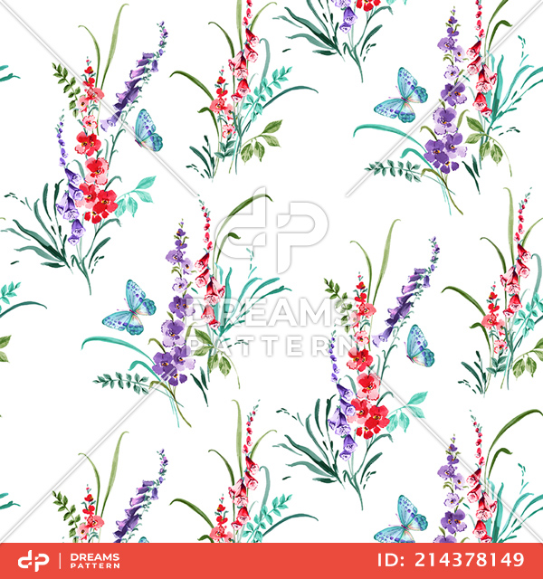 Seamless Watercolor Flowers with Leaves, Spring Pattern on White Background.