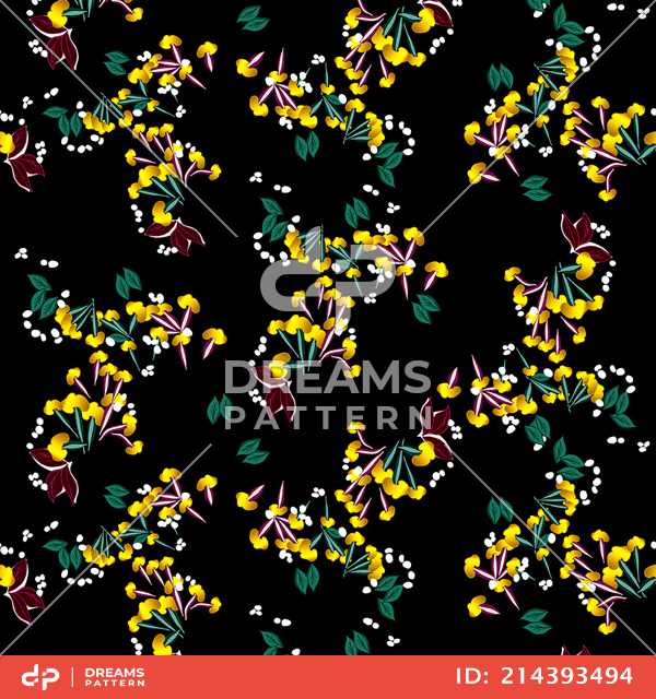 Seamless Mini Golden Flowers with Leaves, Abstract Pattern Ready for Textile Prints.