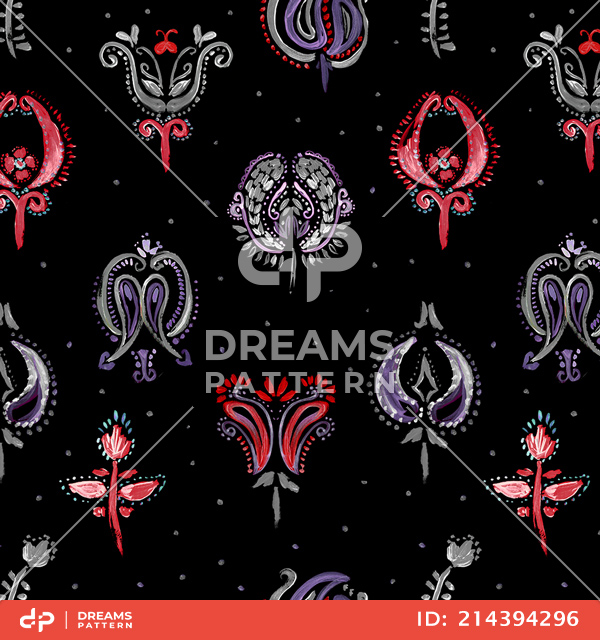 Seamless Ethnic Pattern, Decorative Abstract Design with Paisley on Black Background.