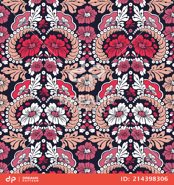 Seamless Vintage Floral Pattern. White, Pink, Coral Flowers with Leaves.