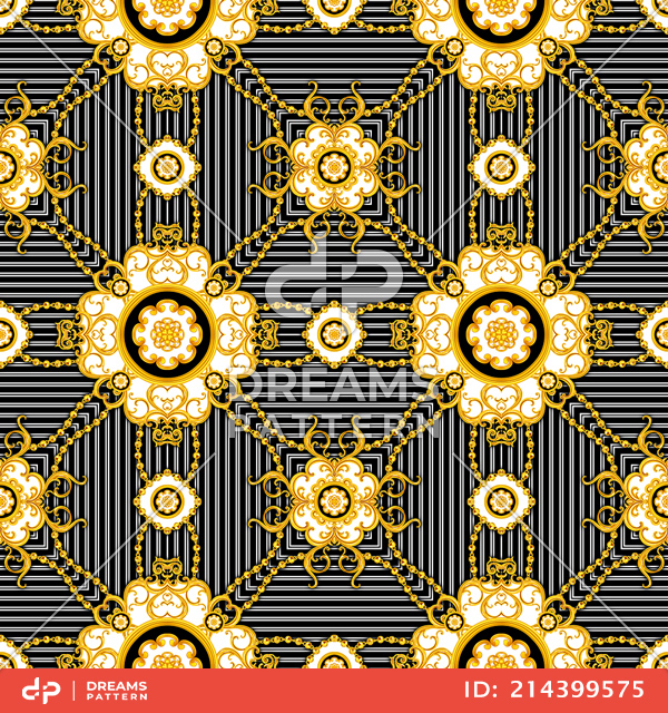Seamless Luxury Fashional Pattern of Golden Chains and Baroque with Lined Background.