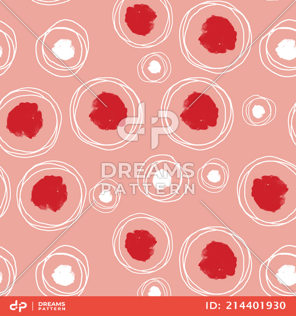 Seamless Pattern of Hand Drawn Circles with Paint Spots on Pink Background.