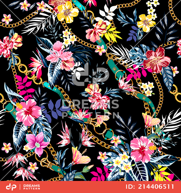 Colored Tropical Flowers with Chains and Belts; Hawaiian Pattern, on Black Background.