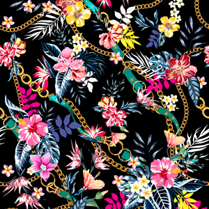 Colored Tropical Flowers with Chains and Belts; Hawaiian Pattern, on Black Background.