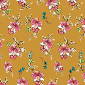 Cute Hand Drown Flowers with Leaves on Dark Yellow, Path for Textile Prints.