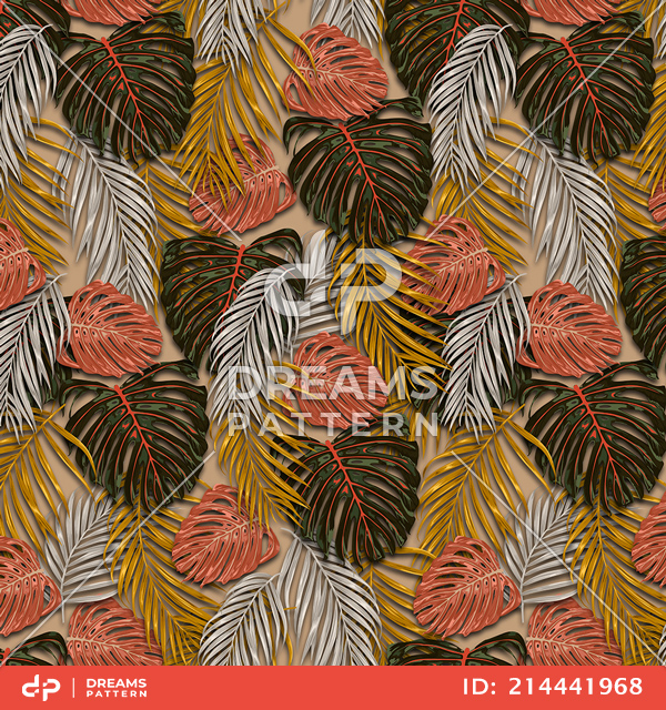 Seamless Tropical Leaves Pattern, Colorful Palm leaves Designed for Textile Print.
