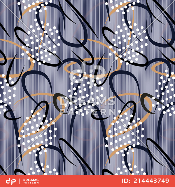 Seamless Modern Abstract Pattern, Colored Curves with Dots on Lined Background.