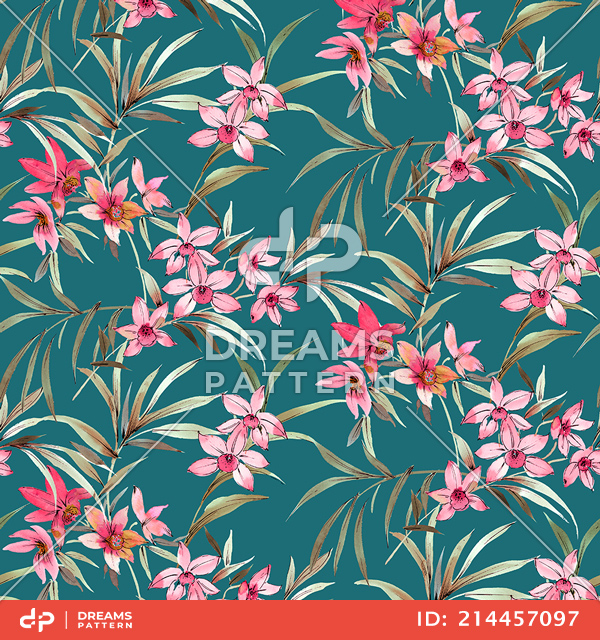 Seamless Tropical Floral with Leaves, Romantic Flowers Pattern Ready for Textile Prints.