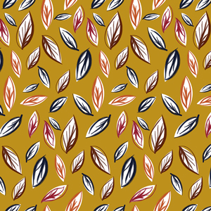 Seamlees Hand Drawn Leaves, on Yellow Background, Ready for Textile Prints.