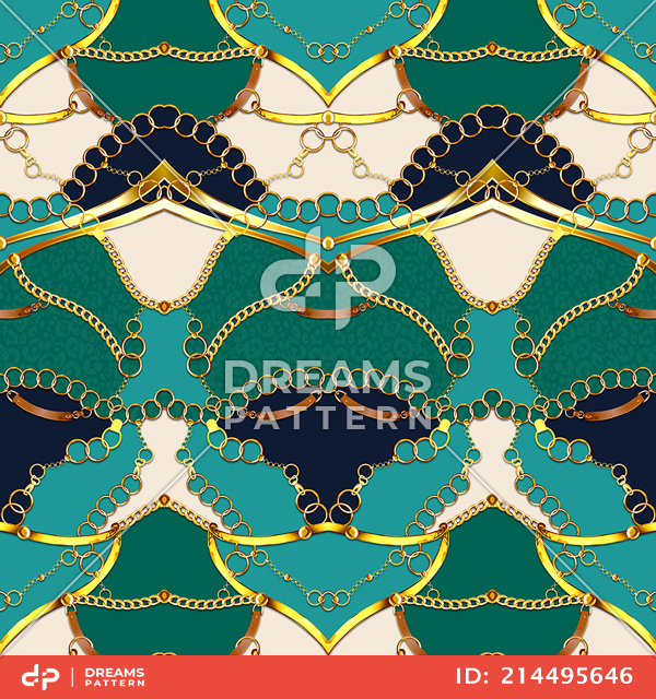 Trendy Luxury, Seamless Pattern of Golden Chains and Belts on Green Background.