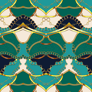 Trendy Luxury, Seamless Pattern of Golden Chains and Belts on Green Background.