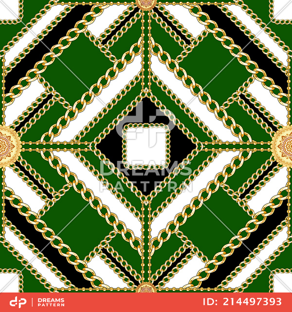 Seamless Golden Chains Pattern, on Green Background. Ready for Textile Print.