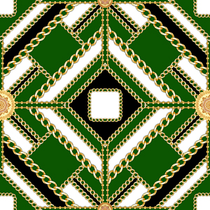 Seamless Golden Chains Pattern, on Green Background. Ready for Textile Print.