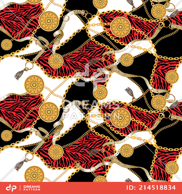 Trendy Seamless Zebra Skin with Golden Chains on Red and White Background.