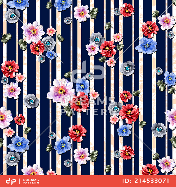 Seamless Watercolor Flowers with Dark Blue Lines, Designed For Textile Prints.