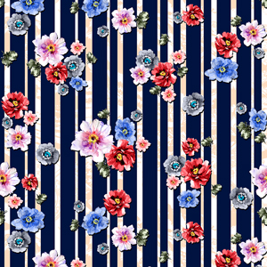 Seamless Watercolor Flowers with Dark Blue Lines, Designed For Textile Prints.