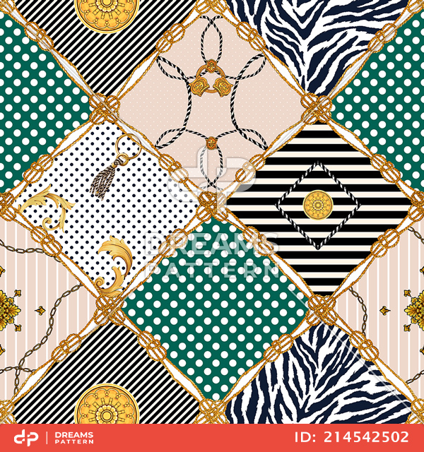 Golden Ropes with Dots and Lines on Diamond Shapes, Seamless Pattern For Textile.