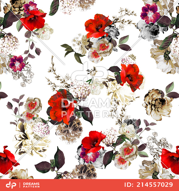 Seamless Floral Pattern with Leaves, Repeated Design Ready for Textile Prints.