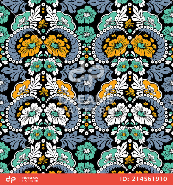 Seamless Vintage Floral Pattern. Yellow, Turquoise, Blue Flowers with Leaves.