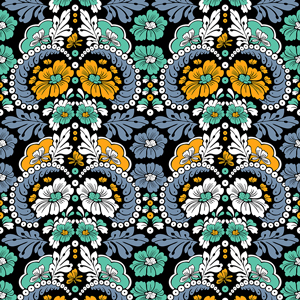 Seamless Vintage Floral Pattern. Yellow, Turquoise, Blue Flowers with Leaves.