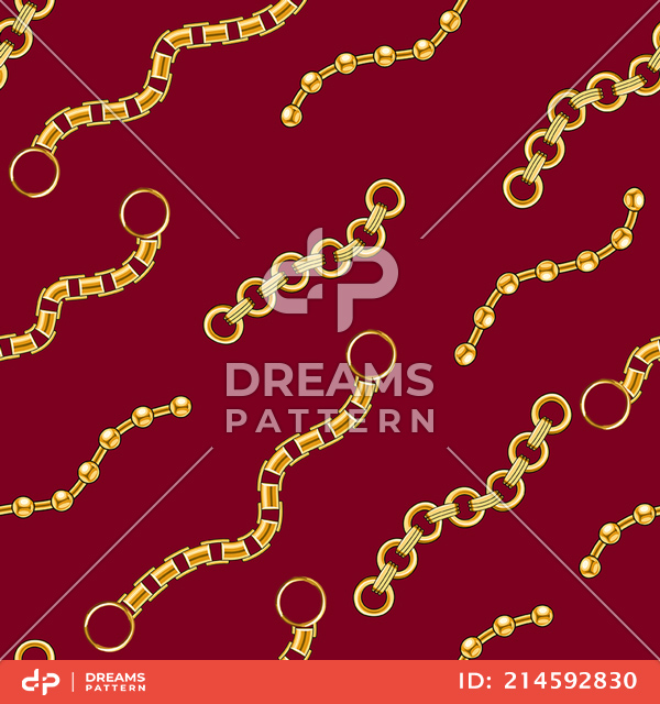 Seamless Golden Chains, Luxury Pattern on Red Background.