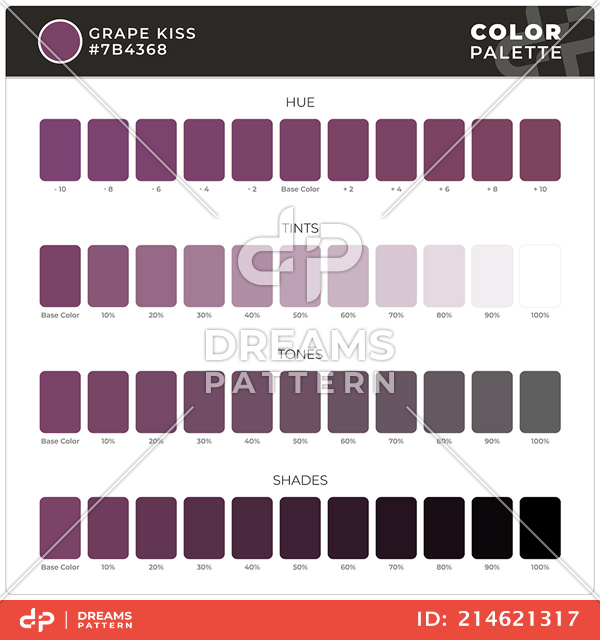 Grape Kiss / Color Palette Ready for Textile. Hue, Tints, Tones and Shades Guide.
