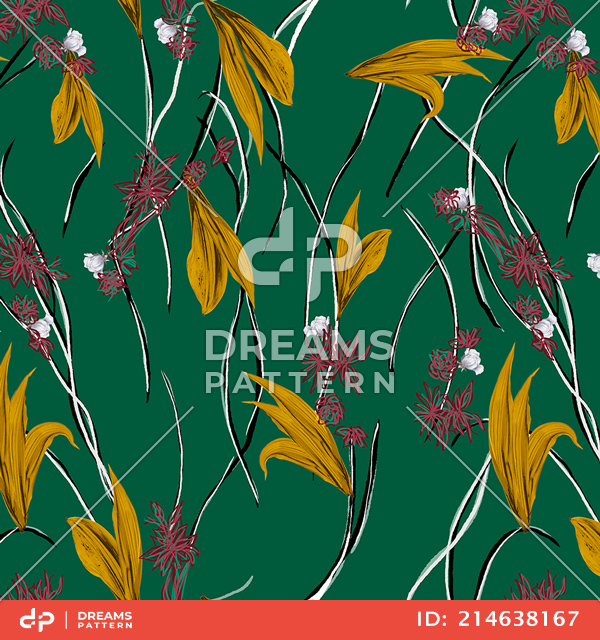 Modern Design for Fashion, Seamlees Hand Drawn Flowers with Leaves on Green Background.