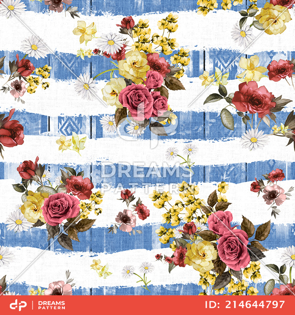 Seamless Beautiful Flowers Bouquet Pattern, with Striped Background.