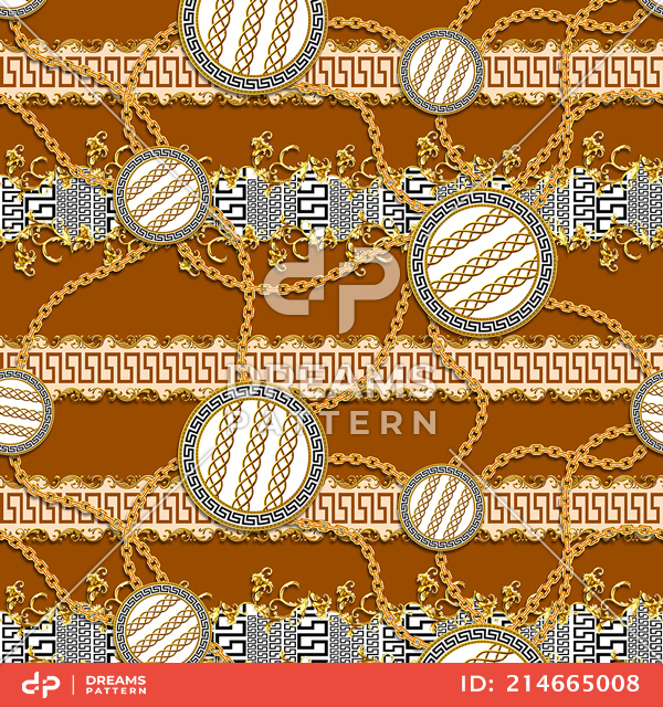 Seamless Pattern of Golden Chains and Baroque with Versace on Brown Background.